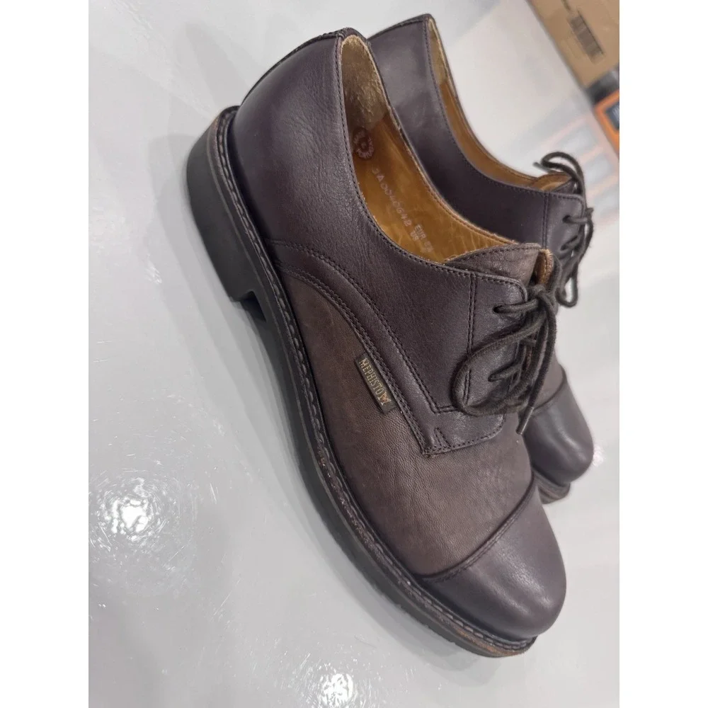 MEPHISTO Men's Brown Leather Cap Toe Lace-Up Derby Dress Shoes Round Toe